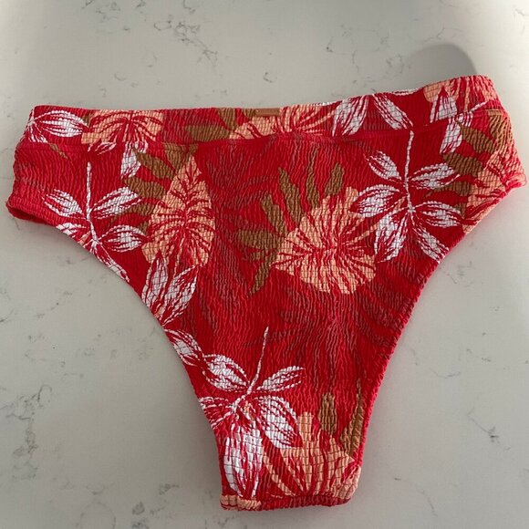 Roxy Tropical Palm Print Hi Waist Smocked Bikini Bottoms Red Wht Sz Au L US S-M - Picture 3 of 11